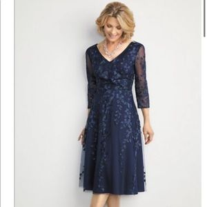 NWT Alex Evenings Women's Tea Length Embroidered Dress Illusion Sleeves Sz 16